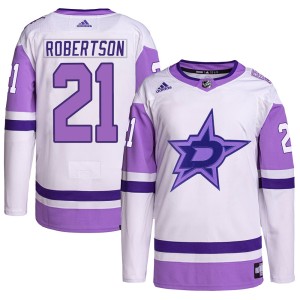Youth Dallas Stars Jason Robertson Adidas Authentic Hockey Fights Cancer Primegreen Jersey - White/Purple