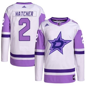 Men's Dallas Stars Derian Hatcher Adidas Authentic Hockey Fights Cancer Primegreen Jersey - White/Purple
