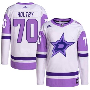 Men's Dallas Stars Braden Holtby Adidas Authentic Hockey Fights Cancer Primegreen Jersey - White/Purple