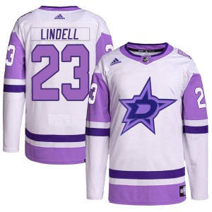 Men's Dallas Stars Esa Lindell Adidas Authentic Hockey Fights Cancer Primegreen Jersey - White/Purple