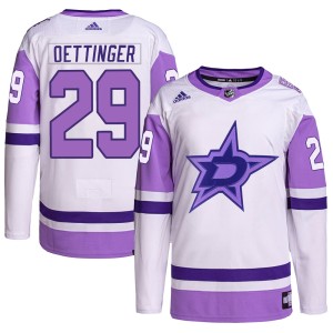 Men's Dallas Stars Jake Oettinger Adidas Authentic Hockey Fights Cancer Primegreen Jersey - White/Purple