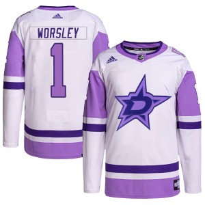 Men's Dallas Stars Gump Worsley Adidas Authentic Hockey Fights Cancer Primegreen Jersey - White/Purple
